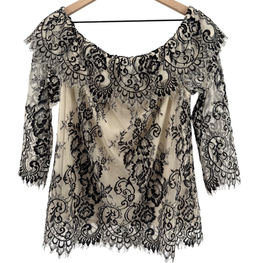 White House Black Market Black Lace Off Shoulder Blouse Cream Floral S - Picture 4 of 10